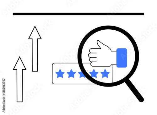 Thumbs-up icon in magnifying glass emphasizing a 5-star rating and upward arrows. Ideal for quality review, progress tracking, customer satisfaction, improvement, growth analytics, evaluation. Flat