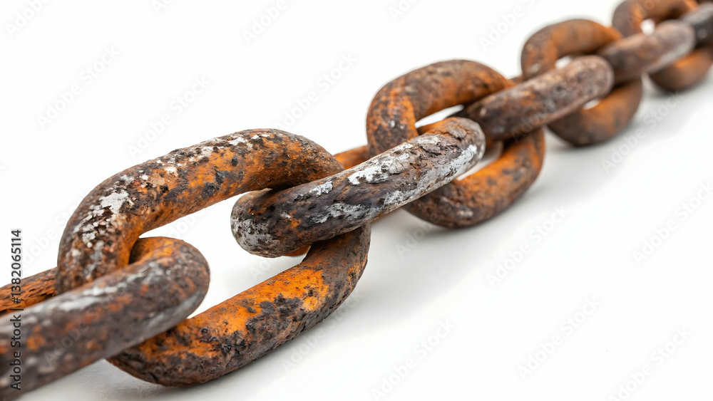 Fototapeta premium A crisp photograph of a heavy-duty chain coiled neatly, industrial and robust, front-facing view,Industrial chain on a white background,Weathered Rusty Chain Isolated on White Background for Industria