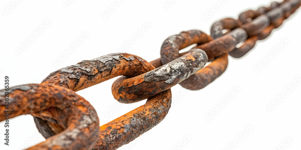 Fototapeta premium A crisp photograph of a heavy-duty chain coiled neatly, industrial and robust, front-facing view,Industrial chain on a white background,Weathered Rusty Chain Isolated on White Background for Industria