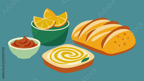 A caramelized onion and gruyere bread loaf sliced and displayed alongside a trio of spreads – classic hummus sundried tomato pesto and lemon herb. Vector illustration