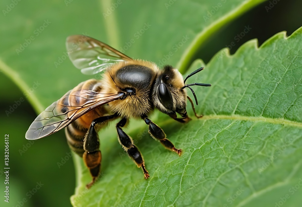 Close-up of a Honeybee on a Lush Green Leaf. Generative Ai Close-up of a Honeybee on a Lush Green Leaf. Generative Ai