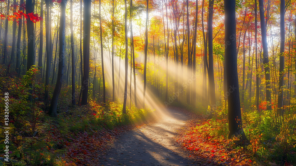 Obraz premium a cinematic photograph, A dirt path winding through the woods on a crisp fall afternoon. The ground is covered in vibrant leaves in shades of red, orange, and yellow, crunching underfoot. Towering tre