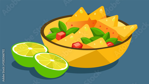 A bowl of juicy freshly diced mango salsa infused with lime juice and cilantro served alongside warm crispy tortilla chips.. Vector illustration