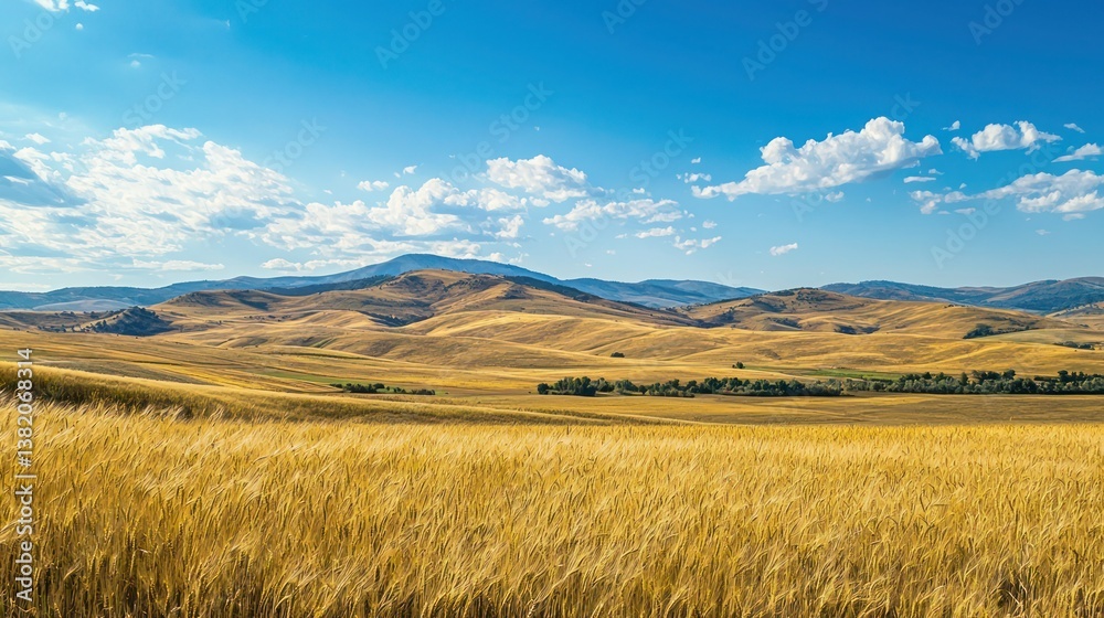 A vast wheat field with golden crops swaying under a blue sky. A vast wheat field with golden crops swaying under a blue sky.