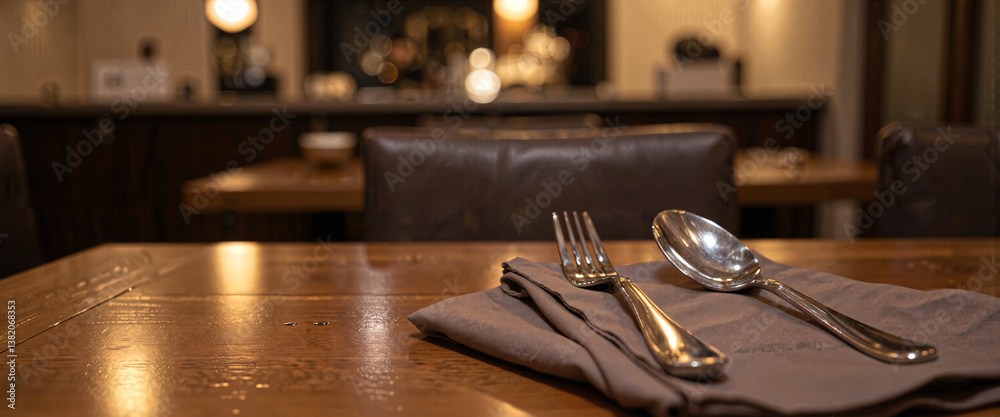Obraz premium Elegant Restaurant Setting Wooden Table Silverware and Linen Napkin