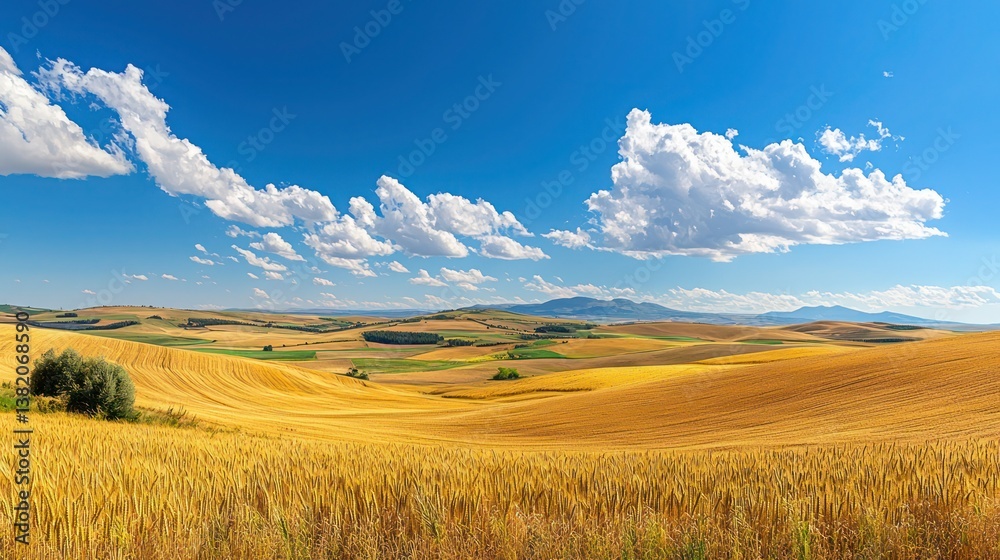 Obraz premium A vast wheat field with golden crops swaying under a blue sky.