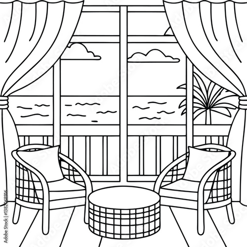 A tropical beach house living space with rattan furniture coloring page