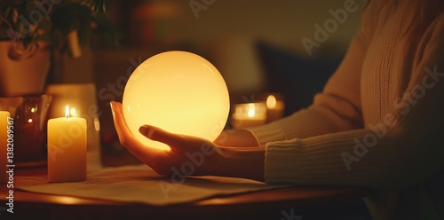 The crystal ball is used by the fortune teller as a means to predict the future for her clients, encompassing elements of esotericism and spirituality