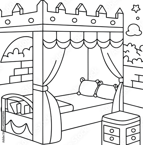 A whimsical Cute children's bedroom coloring page