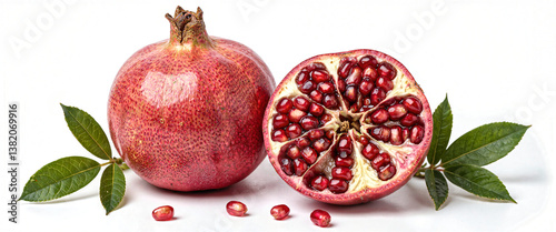 Juicy Red Pomegranate Fruit with Seeds and Leaves Healthy Food