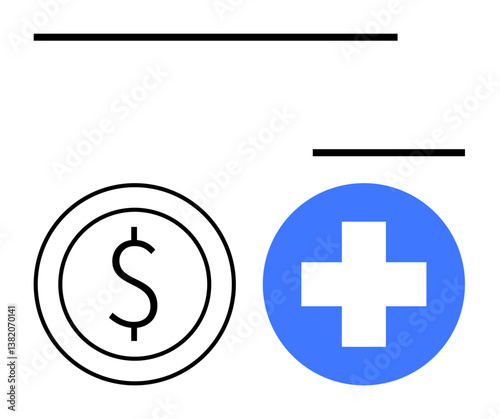 Dollar symbol inside a coin alongside a medical cross in blue circle conveying financial support for healthcare. Ideal for finance, insurance, medical funding, charity, public health, hospital