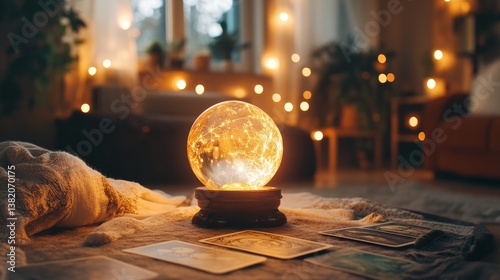 A crystal ball sitting atop a mystic purple velvet surface contains radiant 2026 numbers, and is surrounded by an assortment of tarot cards and magical elements