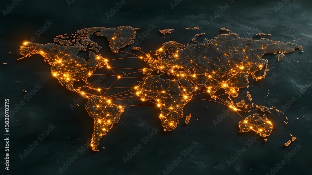 The image shows a dark world map with glowing orange lines connecting various points, representing global connections. The image shows a dark world map with glowing orange lines connecting various points, representing global connections.