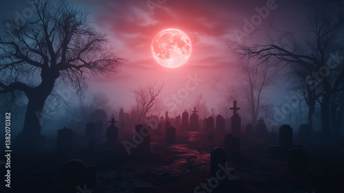 a cinematic photograph, A dark, gothic landscape under the eerie glow of a blood moon rising high in the night sky. The moon’s deep crimson hue casts an ominous red light over a desolate graveyard fil