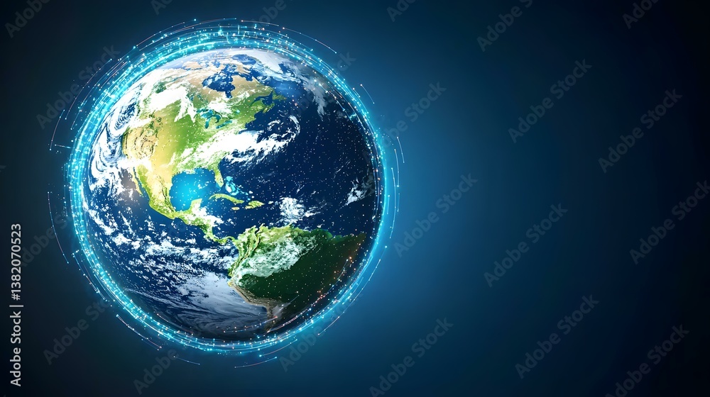 Fototapeta premium A detailed rendering of planet Earth, centered on North and Central America, is encircled by glowing blue streams of light, suggesting global connectivity and digital networks against a deep blue bac