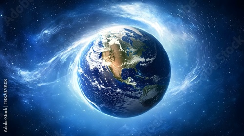 The image shows a detailed view of planet Earth from space, centered on North and Central America.  Surrounding the Earth is a vibrant, swirling nebula of blue and white hues, giving the impression o