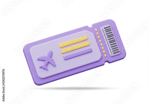 3D Airplane Ticket with Purple Border and Yellow Stripes