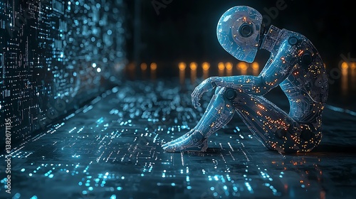 Melancholy in the Machine: A solitary figure, rendered in futuristic design, sits slumped amidst the cold, complex circuitry, a poignant portrayal of isolation in the digital age. 