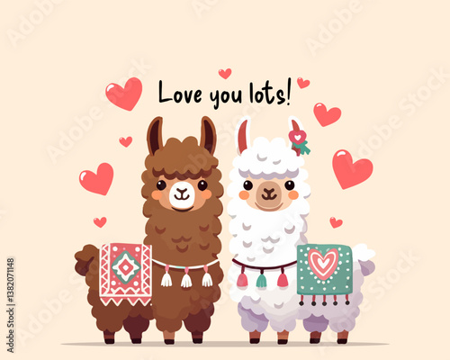 Romantic illustration of a two cute llamas surrounded by hearts and handwritten message "Love you lots!"  Perfect for Valentine's Day, greeting cards, kids designs, posters and love themed projects.