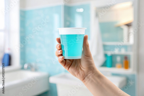 hand holding cup of mouthwash in bright bathroom setting, conveying freshness and cleanliness