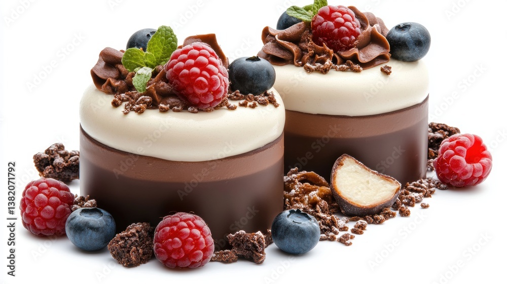 Two decadent chocolate mousse desserts are adorned with fresh raspberries, blueberries, and chocolate shavings on a white background. Two decadent chocolate mousse desserts are adorned with fresh raspberries, blueberries, and chocolate shavings on a white background.