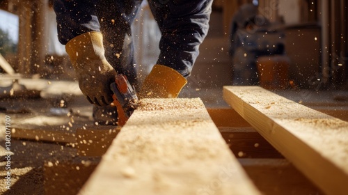 A construction worker sanding wooden beams at a building site. Featuring craftsmanship and precision
