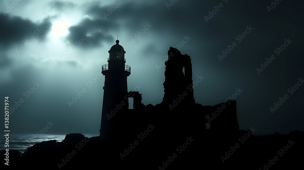 Obraz premium Moonlit Lighthouse and Ruined Castle on Coast