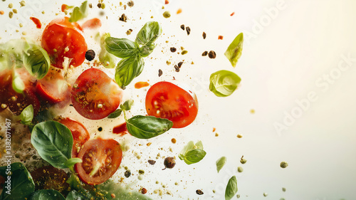 Fresh tomatoes and basil leaves are dynamically scattered, creating vibrant explosion of color and texture. This lively composition captures essence of culinary freshness and flavor