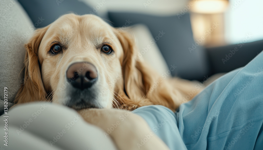 Candid golden retriever resting couch, showcasing serene expression and cozy atmosphere. This heartwarming moment captures bond between pet Candid golden retriever resting couch, showcasing serene expression and cozy atmosphere. This heartwarming moment captures bond between pet