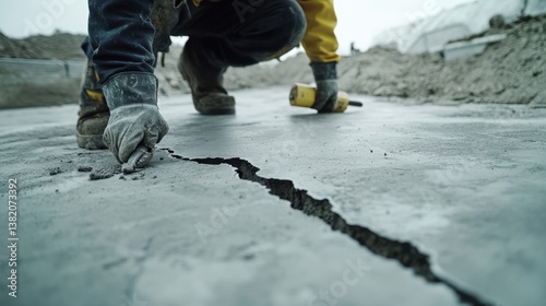 A construction worker sealing cracks in a concrete floor at a building site. Featuring attention to detail and care