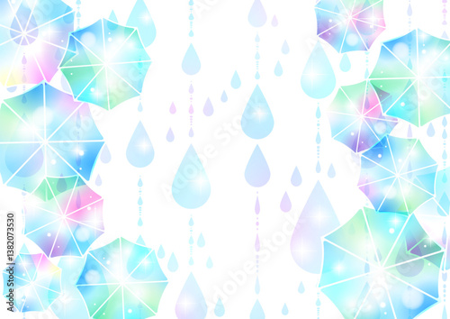 梅雨、ビニール傘、虹色、背景、雨、イラスト、かわいい、横