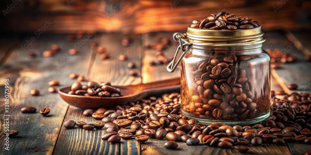 Aromatic Coffee Beans in a Glass Jar on Wooden Surface Aromatic Coffee Beans in a Glass Jar on Wooden Surface