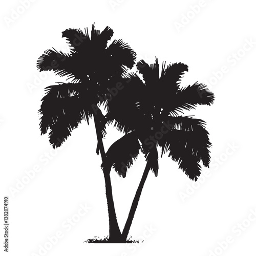 Black vector silhouette of tropical palm trees and leaves evokes a summer beach holiday
