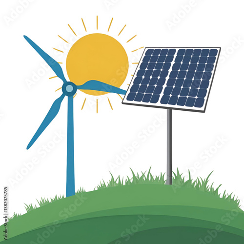 Renewable Energy Concept Wind Turbine and Solar Panel with Sun