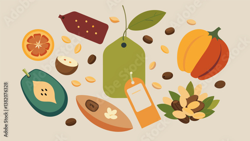A beautifully arranged selection of nuts seeds and dried fruits each with a tag listing their nutritional benefits for a DIY trail mix thats both. Vector illustration