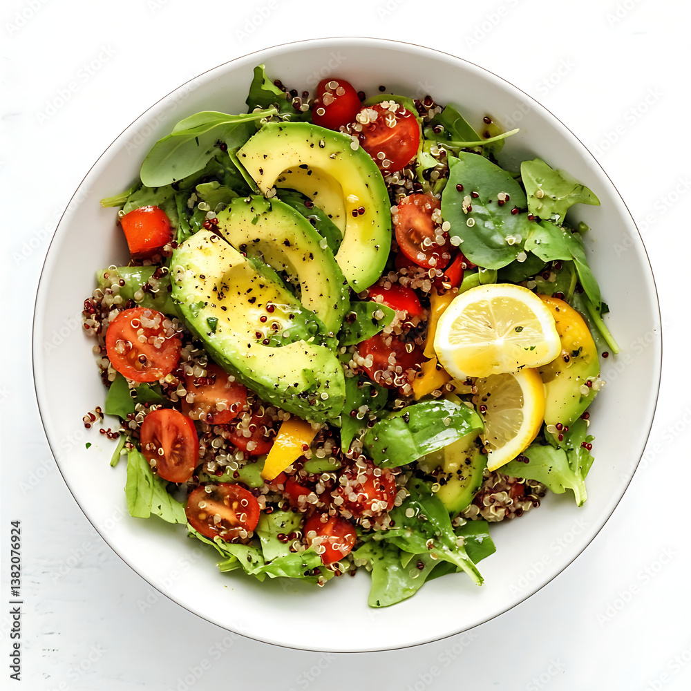 Fresh Quinoa Salad with Avocado, Tomatoes, and Lemon in White Bowl Healthy Eating Fresh Quinoa Salad with Avocado, Tomatoes, and Lemon in White Bowl Healthy Eating