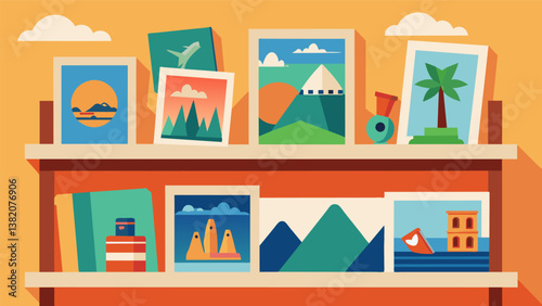 A collection of travel postcards from different countries is taped up on the top shelf inspiring wanderlust and a love for exploring new places.. Vector illustration