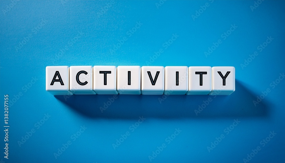 活動やアクティビティを意味する英単語のACTIVITYの文字が書かれた木製の白いキューブブロック。青い背景。aiで生成 活動やアクティビティを意味する英単語のACTIVITYの文字が書かれた木製の白いキューブブロック。青い背景。aiで生成