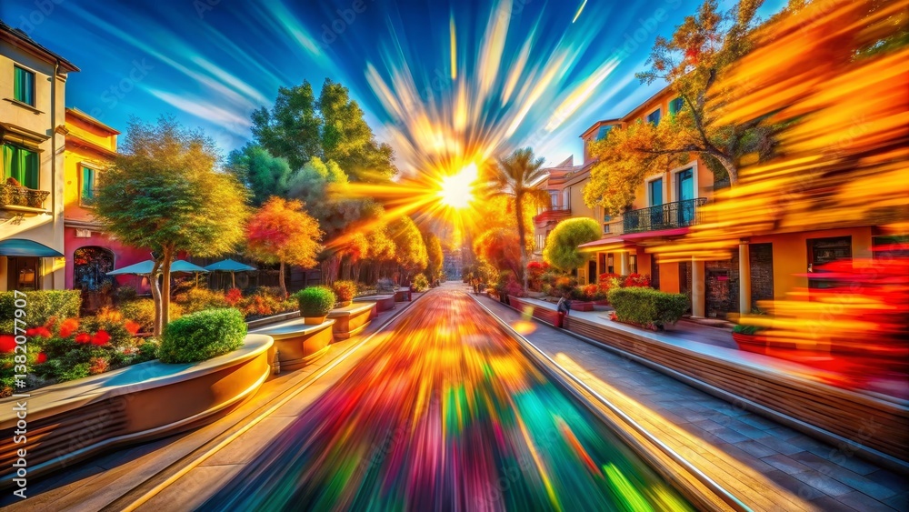 Obraz premium Vibrant City Street with Sunburst Effect