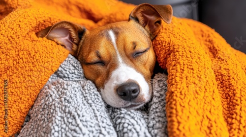 An adorable puppy dog peacefully sleeps led in a cozy orange and grey blanket enjoying a warm and comfortable nap feeling safe and loved.