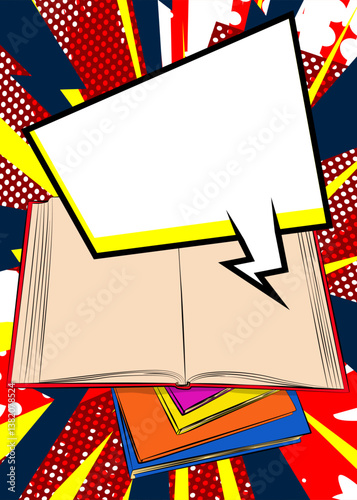 Cartoon Book with blank speech bubble, comic book Library background. Retro vector comics pop art design.