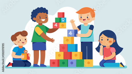 A group of kindergarten students using colorful blocks to build towers based on different mathematical concepts such as number sequencing or addition.. Vector illustration