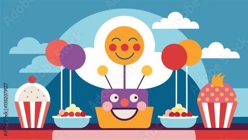A carnival of flavors is displayed on this snack table featuring clownfaced fruit skewers popcorn balls and cotton candy clouds for a whimsical and. Vector illustration