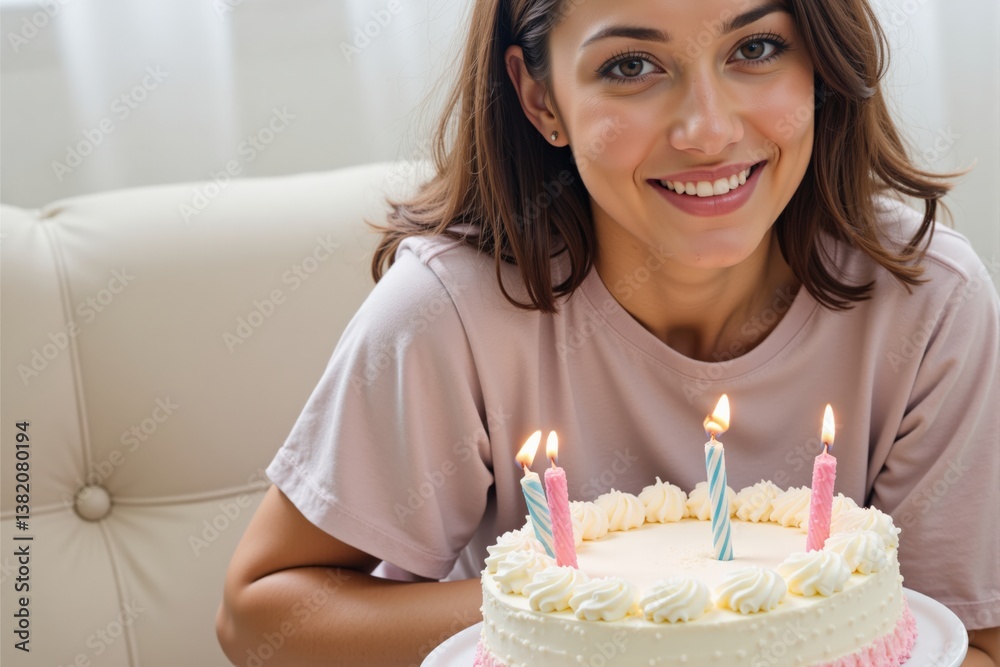 Joyful Young Woman Celebrating Birthday with Cake and Candles in a Cozy Indoor Setting, Smiling and Enjoying the Special Moment Joyful Young Woman Celebrating Birthday with Cake and Candles in a Cozy Indoor Setting, Smiling and Enjoying the Special Moment