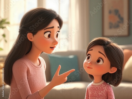 Animated mother explains lesson to daughter in bright living room illustration education