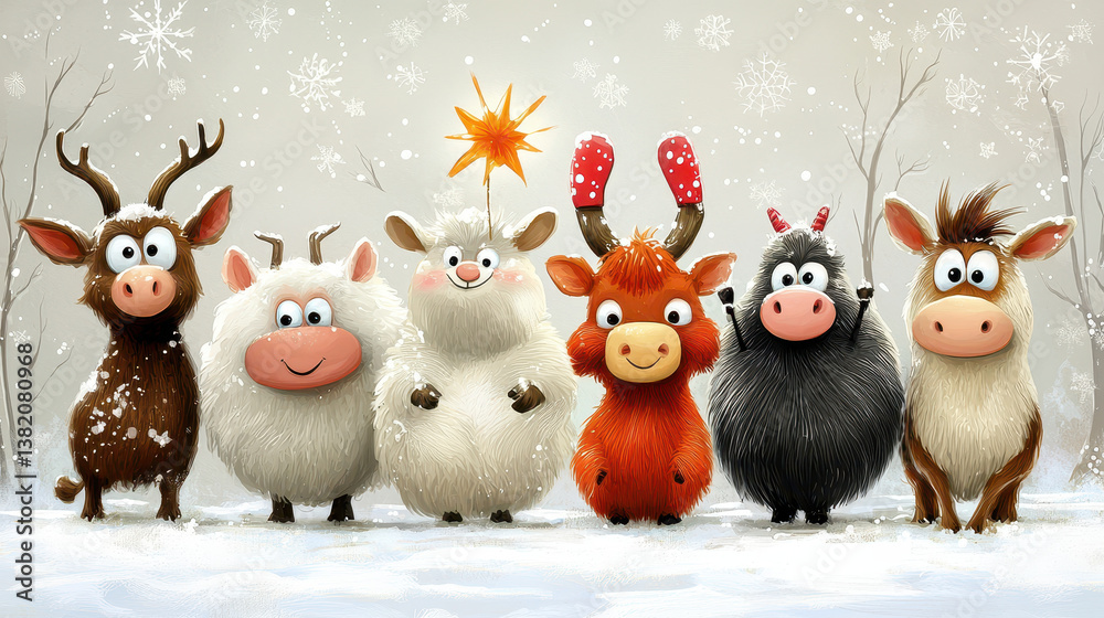 Obraz premium Cute cartoon animals in winter attire, celebrating snowy season with joy