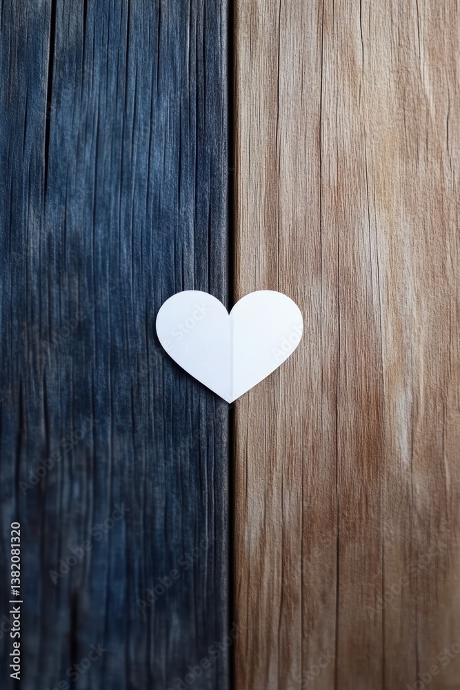 A simple white paper heart rests between two contrasting wooden textures, symbolizing love and unity, Ideal for use in romantic designs, DIY projects, or as a metaphor for connection and harmony, A simple white paper heart rests between two contrasting wooden textures, symbolizing love and unity, Ideal for use in romantic designs, DIY projects, or as a metaphor for connection and harmony,
