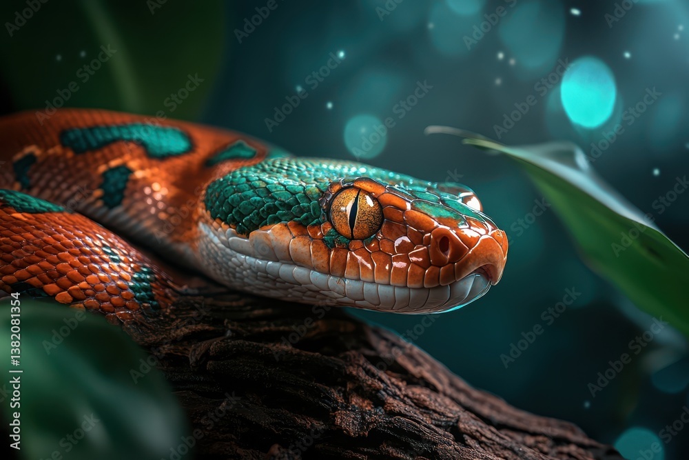 Fototapeta premium vibrant-snake-with-orange-green-scales-tropical-environment