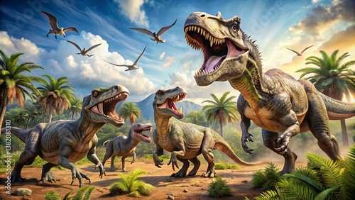 Tyrannosaurus Rex family in a prehistoric jungle landscape. Concept of extinct animals, paleontology, dinosaurs, and Jurassic era.