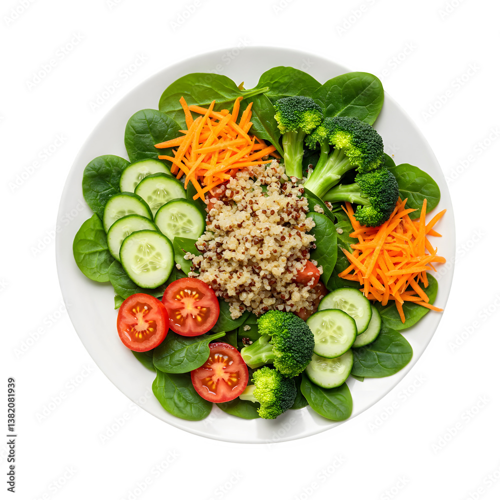 fresh salad made with quinoa, spinach, broccoli, tomatoes, cucumbers, and carrots, served on a plate with a white background fresh salad made with quinoa, spinach, broccoli, tomatoes, cucumbers, and carrots, served on a plate with a white background